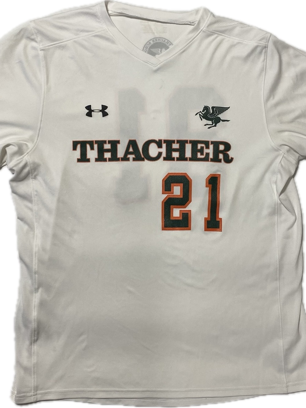 White Thacher school Number 21 Short Sleeve Athletic Jersey